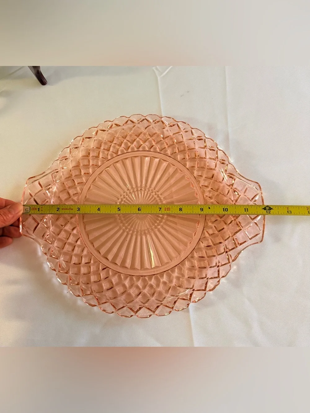 Vintage Anchor Hocking pink depression waffle cake plate w/handles